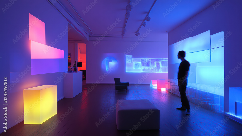 Poster modern living area featuring smart art installations that change dynamically, illuminated in vibrant