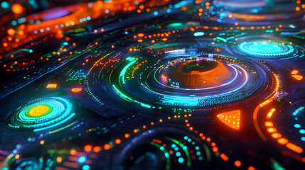 A detailed look at a futuristic virtual technology interface, featuring glowing circular circuitry with dynamic led patterns in vibrant colors. Holographic Projections. Illustration