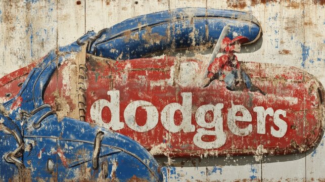 Old and weathered dodgers sign shows wear and age