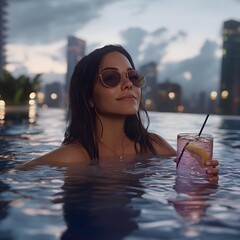 Woman relaxes in rooftop pool, city skyline backdrop, enjoying drink
