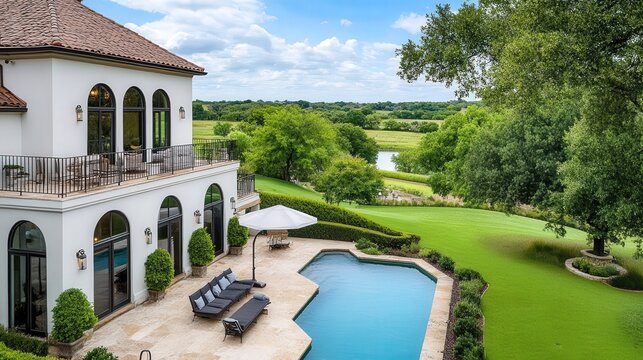 country style modern texas home with pool and patio overlooking lush countryside landscape  - Powered by Adobe