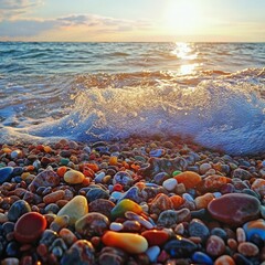 Colorful pebbles on a sunlit seashore with ocean waves at sunset