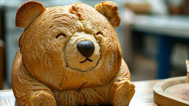 Unique bread loaf resembling an bear resting on a wooden table, Ai Generated