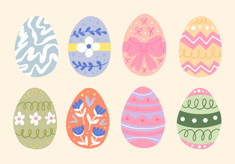 Decorative Easter Egg Hand-Drawn Pattern. A collection of 8 pastel-colored Easter eggs with unique hand-drawn patterns, including floral, ribbons, and geometric designs. Perfect for spring decorations
