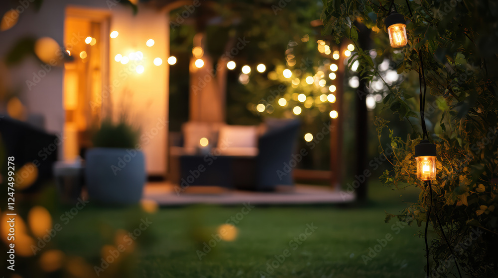 Poster cozy outdoor space featuring smart lighting that adjusts to time, creating warm and inviting atmosph