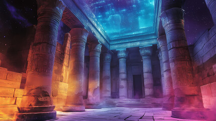 Ancient temple meets augmented reality: a fusion of history and future. Holographic Projections. Illustration