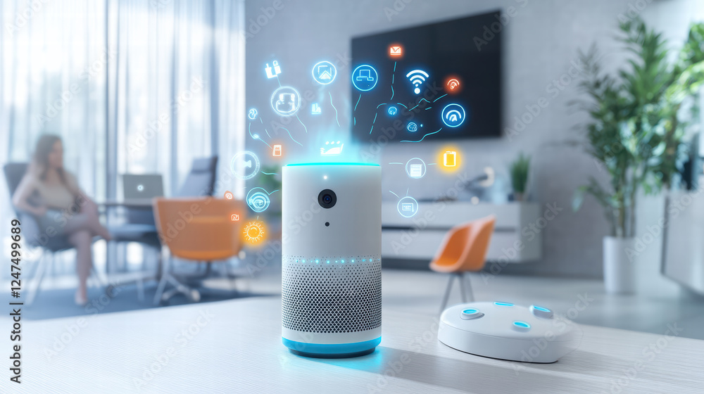 Poster smart home office with ai assistants enhancing productivity and connectivity. modern workspace featu