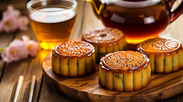 Moon cakes symbolizing tradition and unity at the Mid-Autumn Festival, Ai Generated.