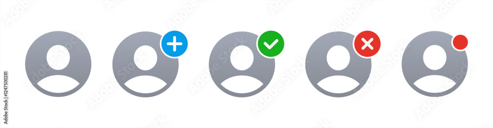 Poster Add user, Verified user, notification, icon set. Person profile avatar with plus, add account symbol. Vector illustration.