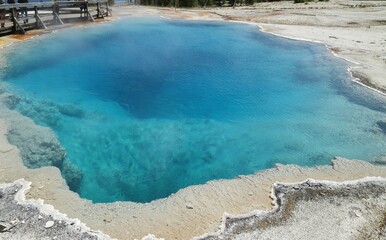 Geothermal Hot Spring Pool with Vibrant Blue Water in Yellowstone National Park