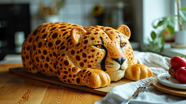 Unique bread loaf resembling an cheetah resting on a wooden table, Ai Generated