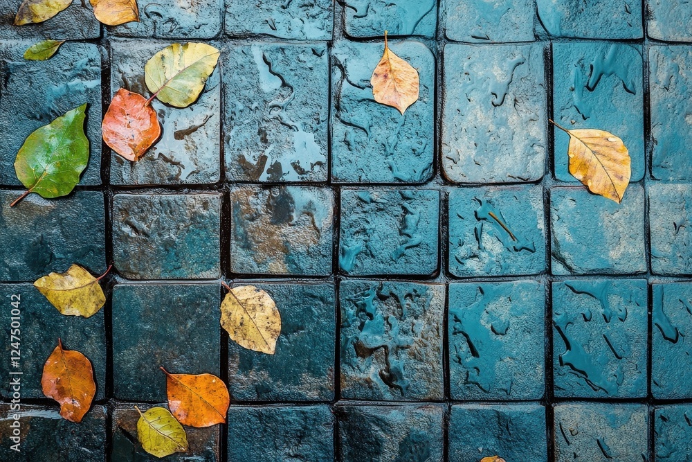 Poster fallen leaves adorn wet stone tiles creating a textured pattern