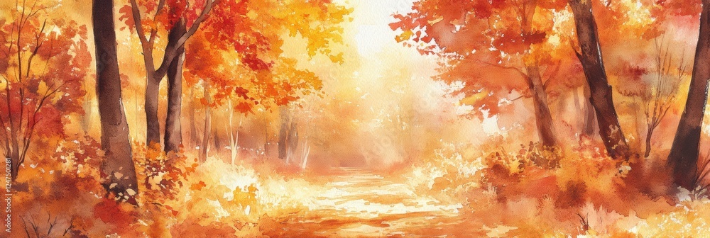 Aufkleber vibrant autumn forest path with golden foliage during a sunny day in a tranquil setting. generative 