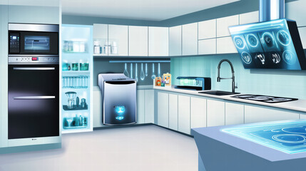 Smart kitchen with automated appliances, touchless features, and modern design. This futuristic space showcases sleek cabinetry, advanced cooking technology, and efficient storage solutions