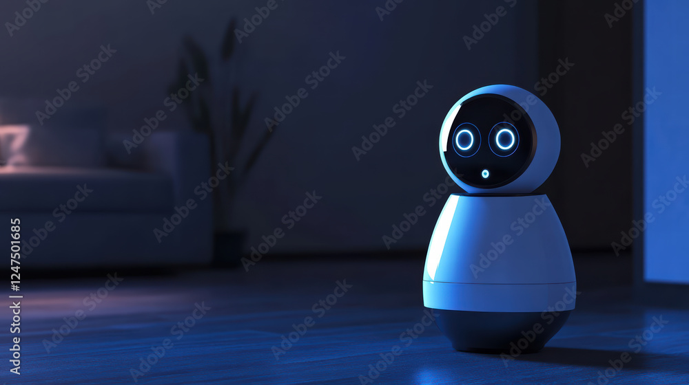 Aufkleber smart home robot with facial recognition in dimly lit room, showcasing modern technology and innovat