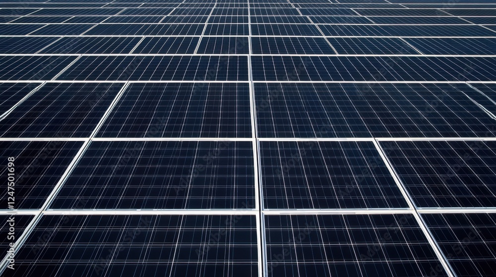 Poster vast array of solar panels efficiently converting sunlight into renewable energy. the grid like patt