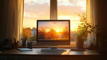 Fototapeta premium Autumn sunset on computer screen, home office, window view