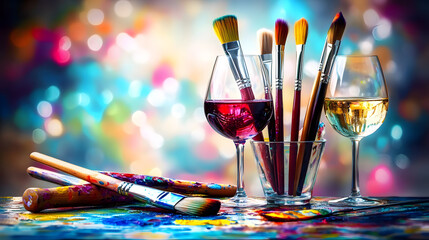 Art and wine night banner with paintbrushes, wine glasses, and creative splashes of color, ready to advertise summer sip and paint deals.