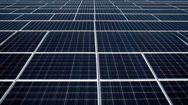 Vast array of solar panels efficiently converting sunlight into renewable energy. The grid like pattern emphasizes the scale and modern technology involved in sustainable power generation
