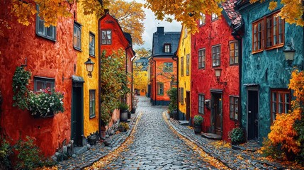 Fototapeta premium Vibrant autumn street lined with colorful houses and falling leaves.