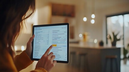 A close-up of a person hand scrolling through Black Friday sales figures on a tablet, focused ambient lighting casting shadows, soft blurred background with a hint of modern office decor, the mood is