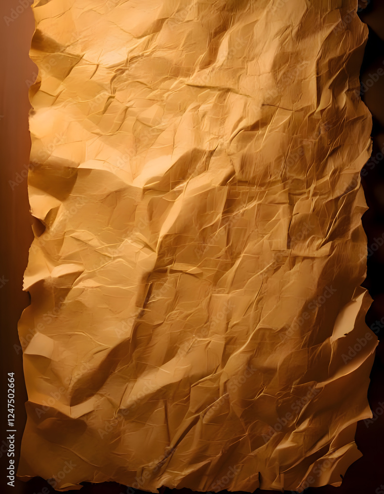 Poster wrinkled and crumpled paper with rough edges in warm beige tones, creating a textured background