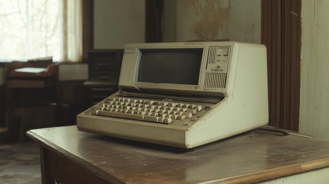 Old computer on dusty table in abandoned room