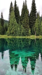 Crystal-clear alpine lake with forest reflection and phone background