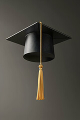 Classic black graduation cap with a golden tassel hanging against a neutral background