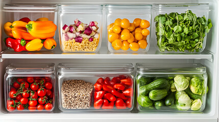 Colorful array of fresh vegetables stored in clear containers for easy access and organization in a modern kitchen