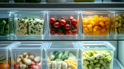 Colorful assortment of fresh vegetables and prepared food in organized refrigerator storage containers