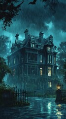 Haunted mansion in the rain beneath a stormy sky