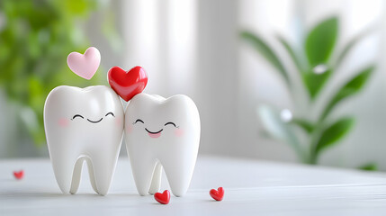 Cute cartoon teeth characters showing love with hearts in a bright indoor setting