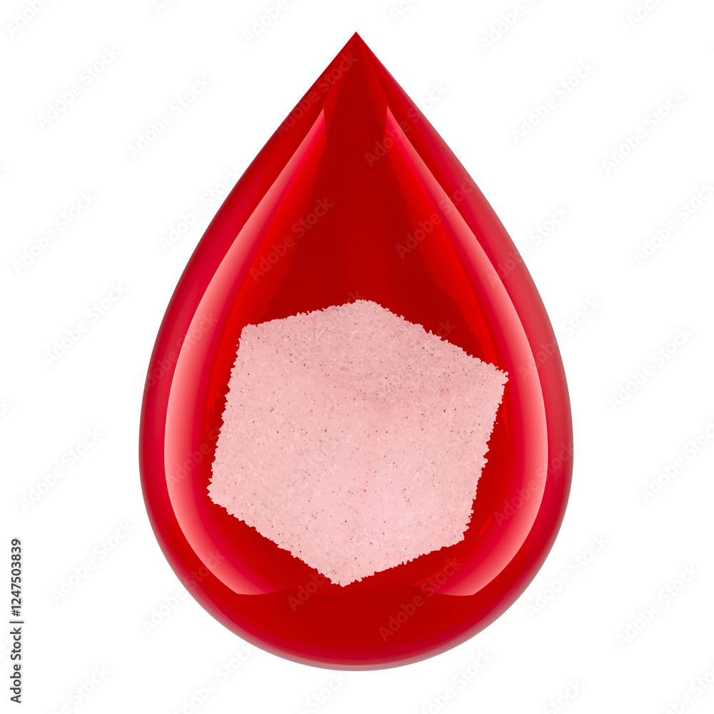 Poster blood drop with sugar cube. glucose level, concept. 3d rendering isolated on transparent background