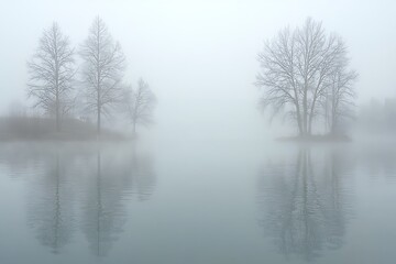 Thick mist surrounding a calm lake creating a peaceful and surreal scene