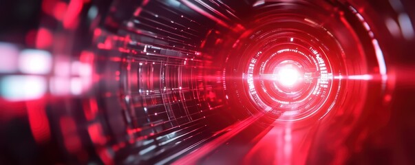 Fototapeta premium A futuristic tunnel illuminated by vibrant red lights, conveying a sense of motion and depth in a high-tech, digital environment.