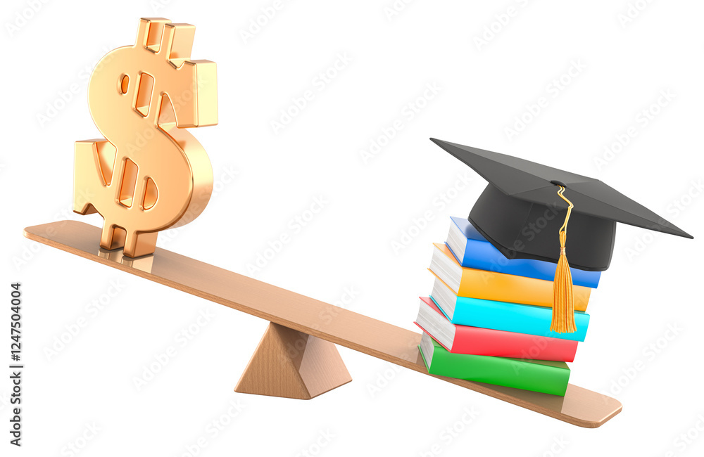 Poster dollar symbol and stacks of books with graduation cap on balance scale. education price, concept. 3d