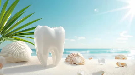 Rugzak Imaginative beach setting featuring a large white tooth surrounded by shells and palm leaves under a bright sky © SuperGlück