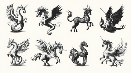 Set of black and white illustrations of mythical creatures such as dragons, unicorns, and phoenixes. Mythical Beasts. Illustration