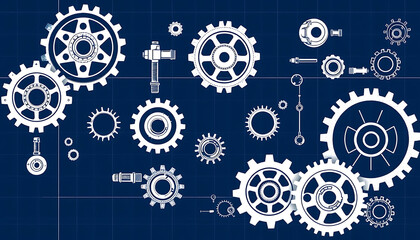 Dark blue background with intricate white technical drawings of gears, bolts and mechanical components,