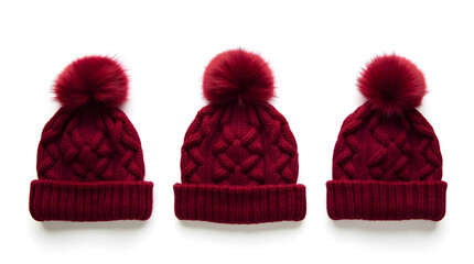 Burgundy Knit Beanie Hats with Faux Fur Pom Poms: Stylish Winter Headwear for Women, Warm Cable Knit Caps, Fashionable Accessories, Cold Weather Apparel
