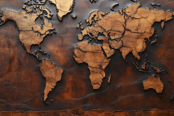 Ancient leather antique, brown world map . Adventure concept. Macro shot. Generative Ai