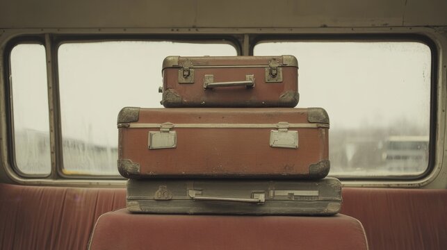 Vintage suitcases stacked on bus seat, travel, waiting,  old-fashioned style, possible use travel brochure, tourism
