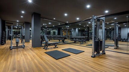 Modern gym interior, workout equipment, fitness center, nighttime, wood floor, advertising