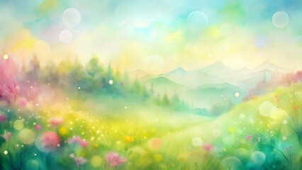 Dreamy watercolor landscape of rolling hills and vibrant wildflowers with soft bokeh effect
