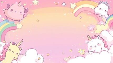 A whimsical pastel landscape featuring cute animals, rainbows, and stars.