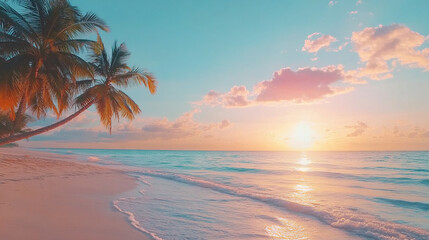 Tropical Beach Sunset with Palm Trees