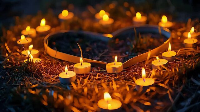 Glowing candles forming heart shaped arrangement illuminating dry grass patch, emanating warm romantic ambiance against dark nighttime setting