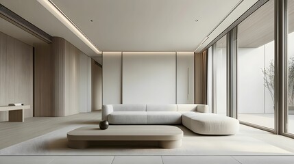 Fototapeta premium living room, minimalist living room, modern sofa, coffee table, light wood flooring, empty wall, natural light, spacious living room, white walls, neutral tones, clean design, bright living room, mock