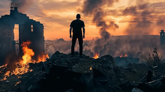 Apocalyptic Scene with Man Standing in Ruins of a Destroyed City. High quality 4k footage